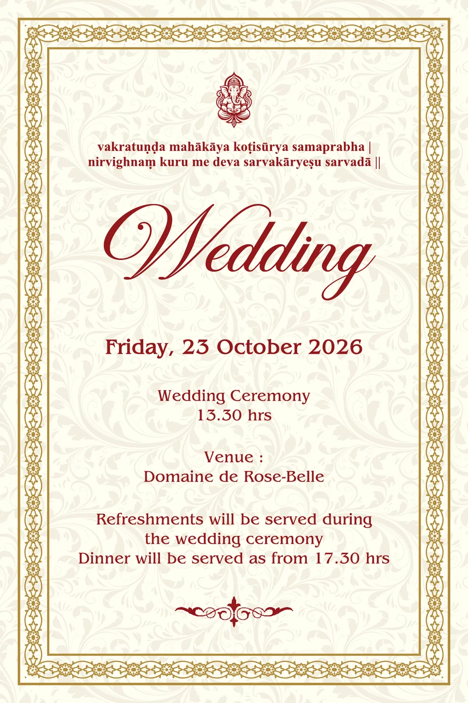 Wedding — Friday 23 October 2026, Domaine de Rose-Belle